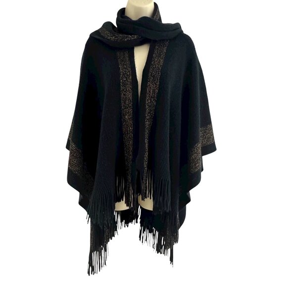 Black Gold Metallic Soft Knit Wrap Shawl Sweater Cape Poncho Scarf Fringe Winter - Picture 2 of 6